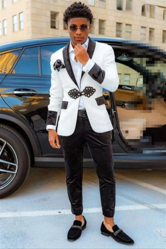 Black&White Jaquard Suits for Men 2 Pieces Slim Fit Young Man Prom Party Suit Velvet Wedding Tuxedos Trajes De Hombre Coat+Pant - SHOWLU FASHION STORE