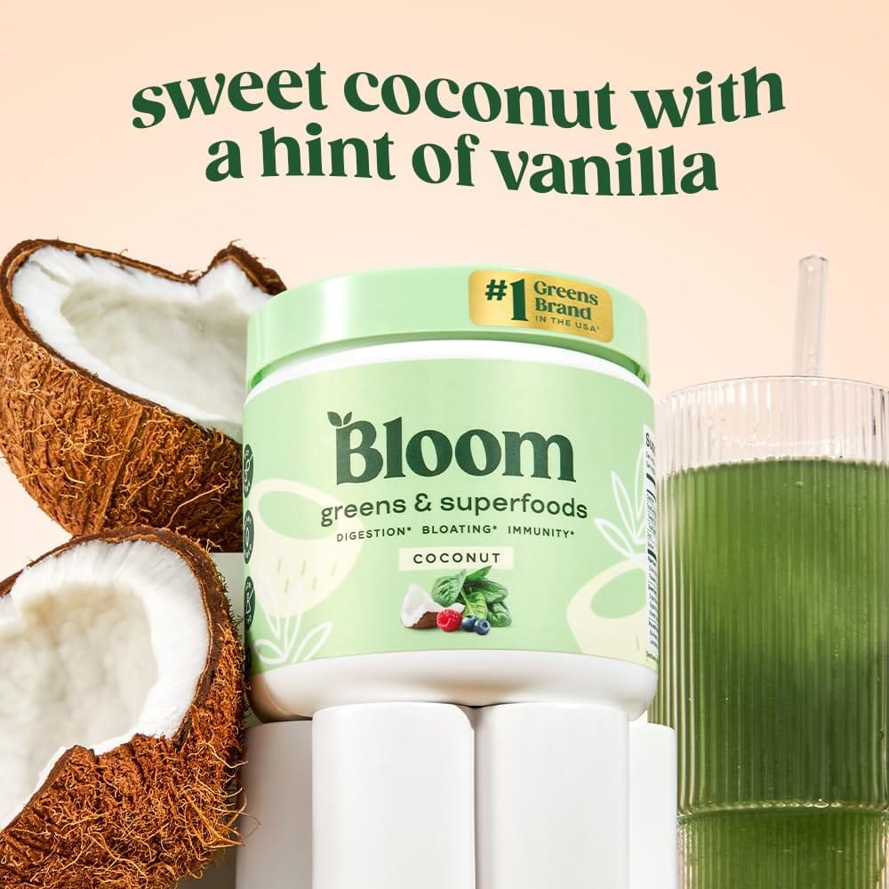 Bloom Nutrition Superfood Greens Powder, Digestive Enzymes with Probiotics and Prebiotics, Gut Health, Bloating Relief for Women, Chlorella, Green Juice Mix with Beet Root Powder, 30 SVG, Coconut - SHOWLU FASHION STORE