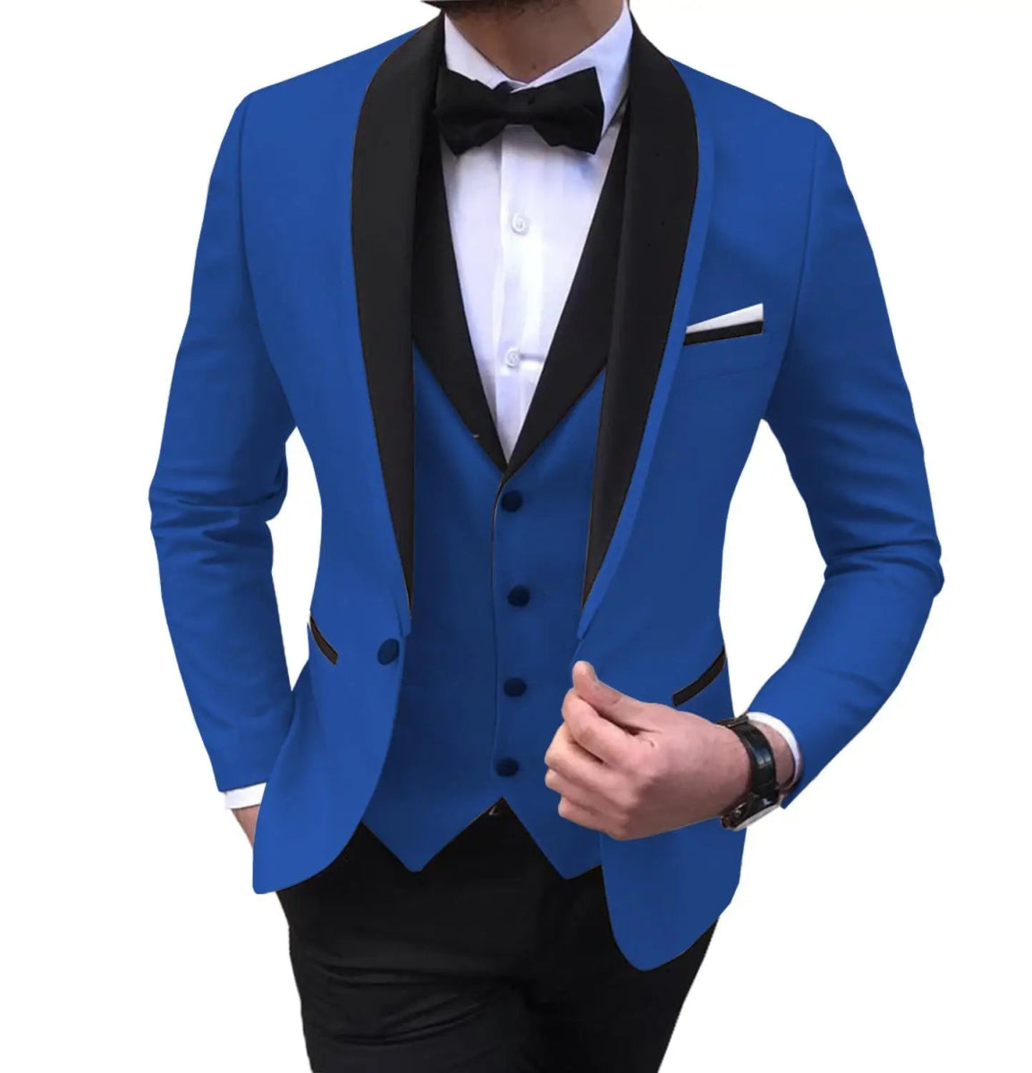 Blue Slit Mens Suits 3 Piece Black Shawl Lapel Casual Tuxedos for Wedding Groomsmen Suits Men (Blazer+Vest+Pant) - SHOWLU FASHION STORE