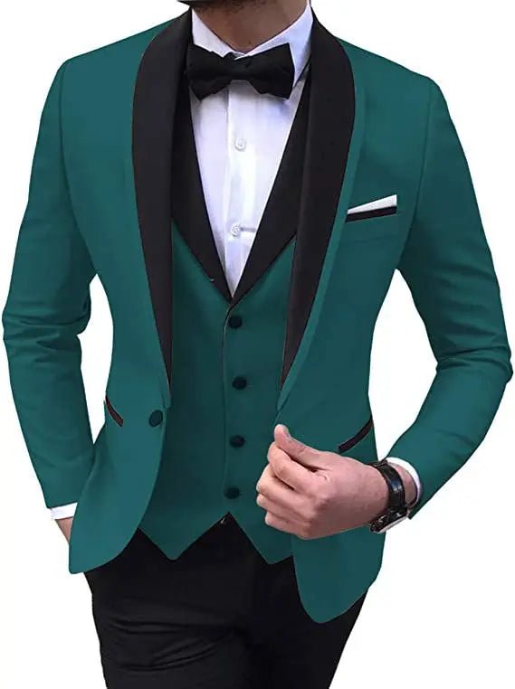 Blue Slit Mens Suits 3 Piece Black Shawl Lapel Casual Tuxedos for Wedding Groomsmen Suits Men (Blazer+Vest+Pant) - SHOWLU FASHION STORE