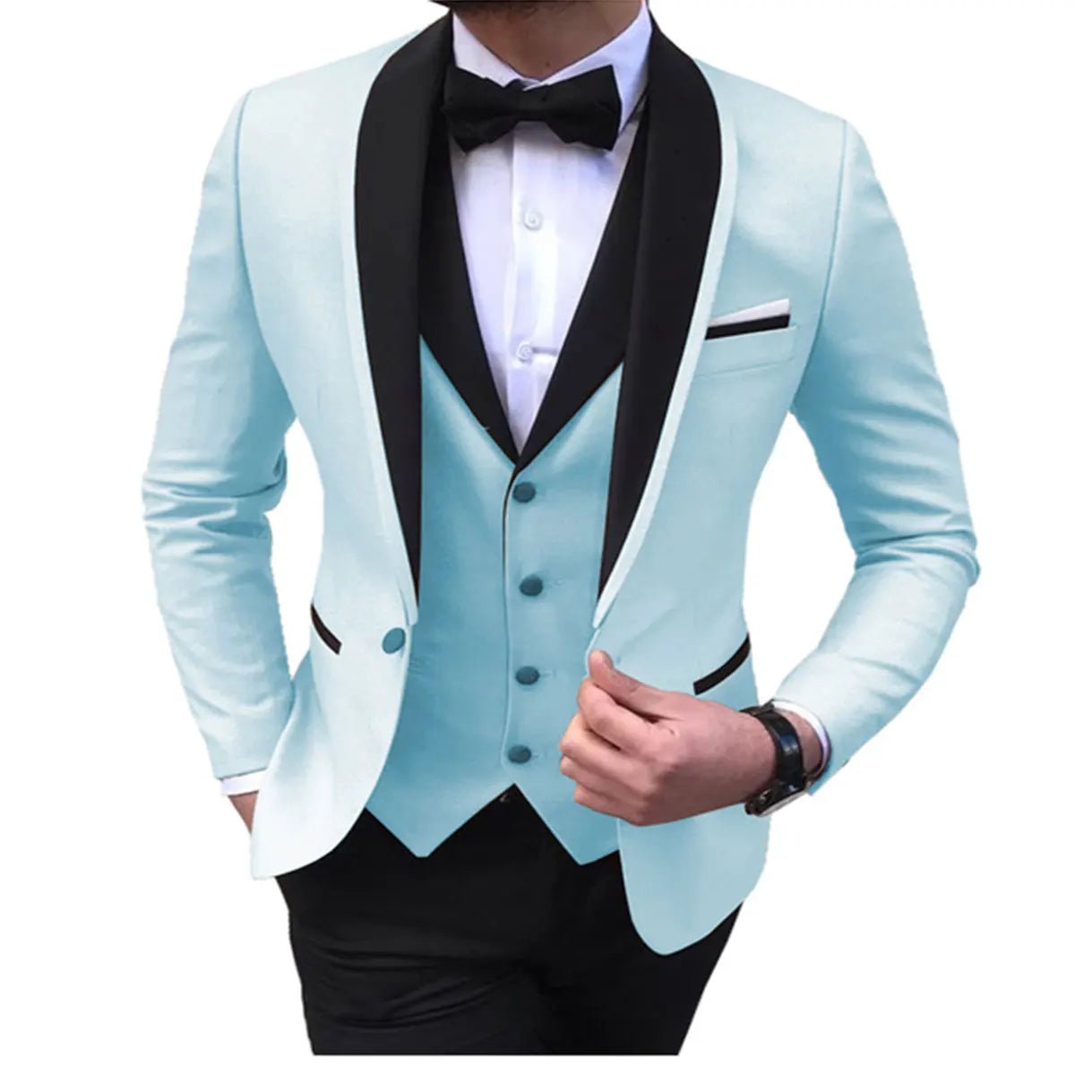 Blue Slit Mens Suits 3 Piece Black Shawl Lapel Casual Tuxedos for Wedding Groomsmen Suits Men (Blazer+Vest+Pant) - SHOWLU FASHION STORE