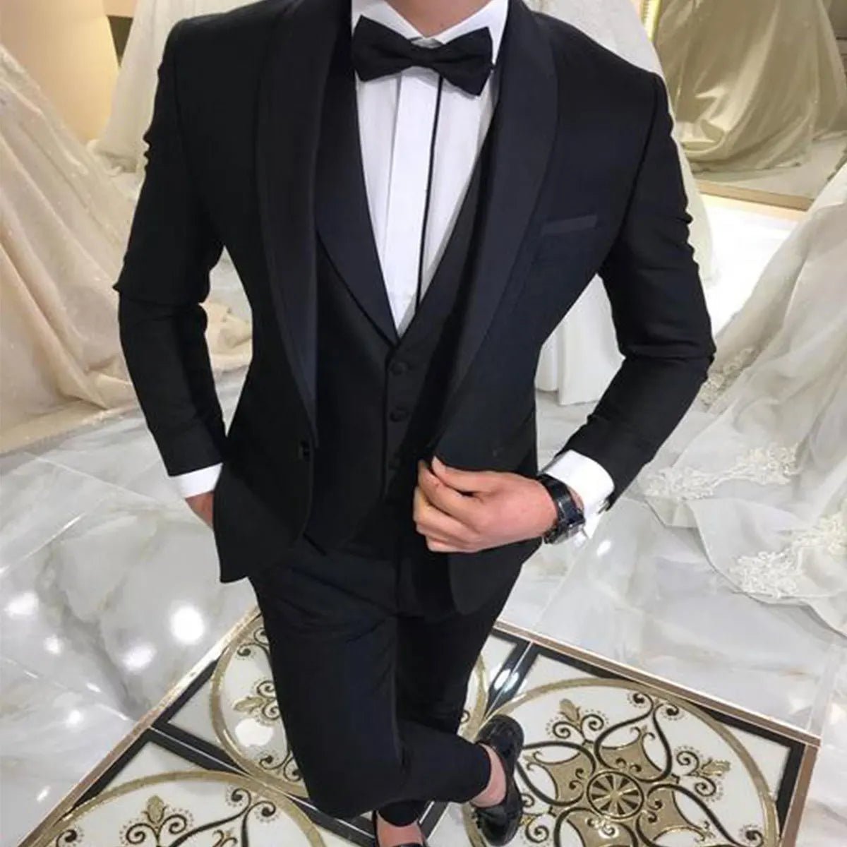 Blue Slit Mens Suits 3 Piece Black Shawl Lapel Casual Tuxedos for Wedding Groomsmen Suits Men (Blazer+Vest+Pant) - SHOWLU FASHION STORE