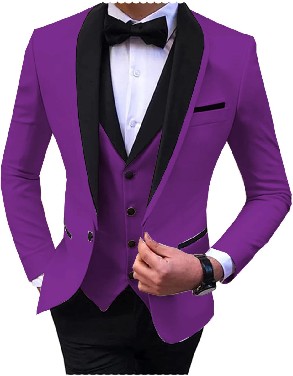 Blue Slit Mens Suits 3 Piece Black Shawl Lapel Casual Tuxedos for Wedding Groomsmen Suits Men (Blazer+Vest+Pant) - SHOWLU FASHION STORE