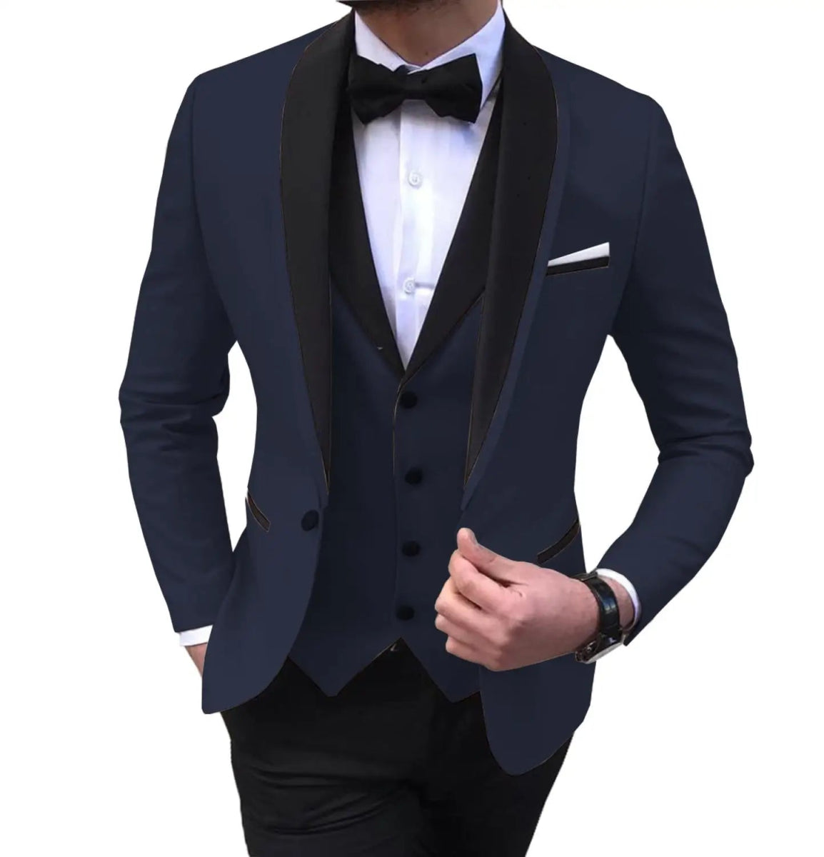 Blue Slit Mens Suits 3 Piece Black Shawl Lapel Casual Tuxedos for Wedding Groomsmen Suits Men (Blazer+Vest+Pant) - SHOWLU FASHION STORE
