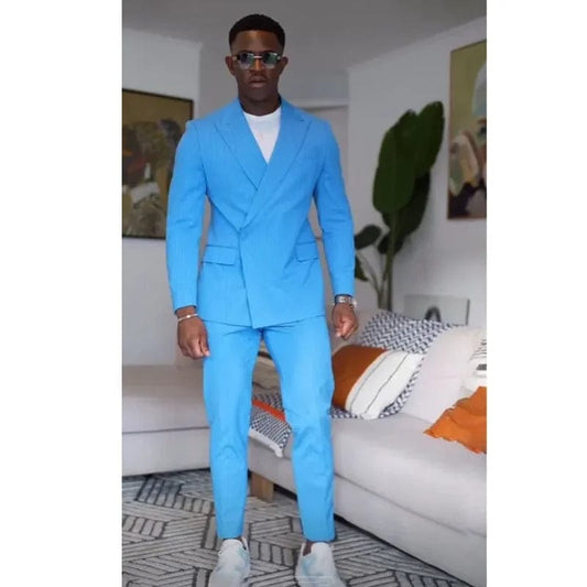 Blue Solid Men Suits 2 Piece Fashion Peak Lapel One Button Casual Daily Outfits Chic Party Wedding Tuxedo (Blazer+Pants) - SHOWLU FASHION STORE