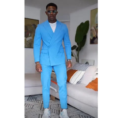 Blue Solid Men Suits 2 Piece Fashion Peak Lapel One Button Casual Daily Outfits Chic Party Wedding Tuxedo (Blazer+Pants) - SHOWLU FASHION STORE
