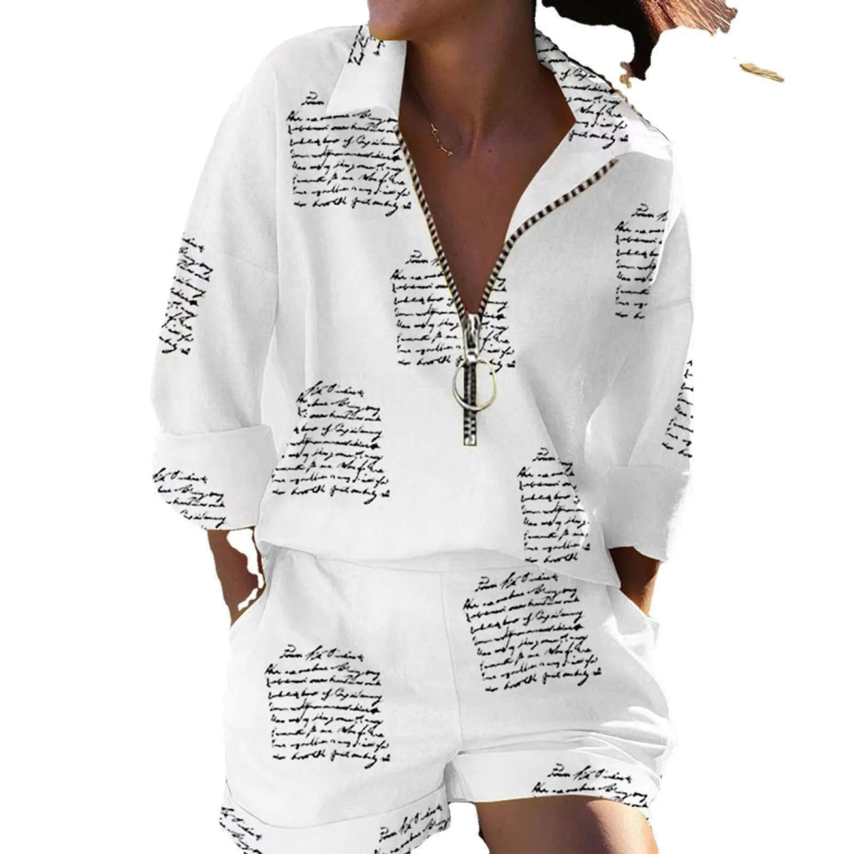 Boho Casual Loose Print Shorts Set Women Spring Summer Zipper Shirt And Shorts Two Piece Sets Office Lady Elegant Letter Suits - SHOWLU FASHION STORE