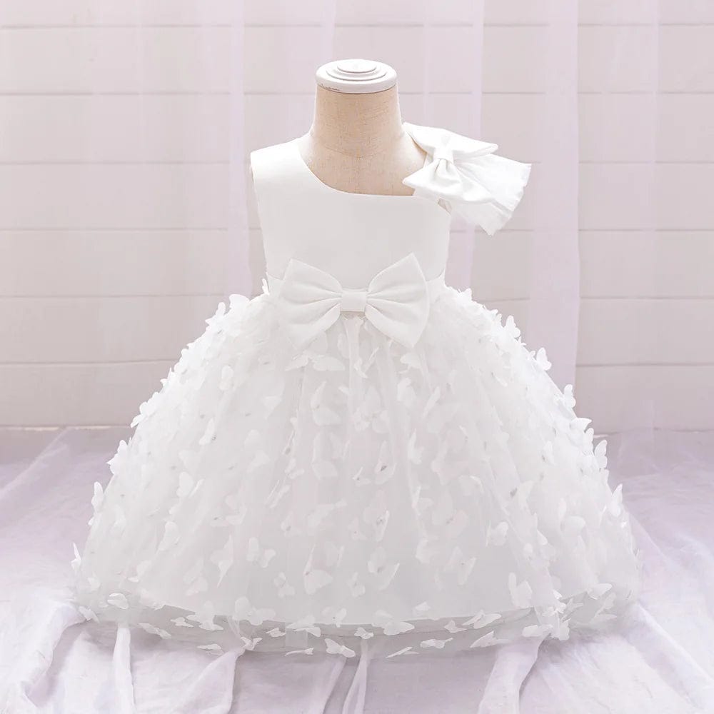 Bow Baby Girls White Baptism Dress Butterfly Tulle Infant Baby 1st Birthday Wedding Gown Flower Girl Tutu Princess Party Dresses - SHOWLU FASHION STORE