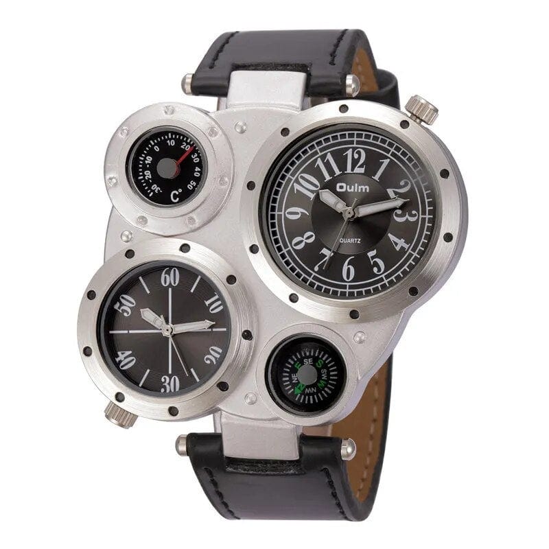 Brand Oulm Sports Style Big Face Watches Men Dual Time Zone PU Leather Quartz Watch Compass Decoration Relogio Masculino - SHOWLU FASHION STORE