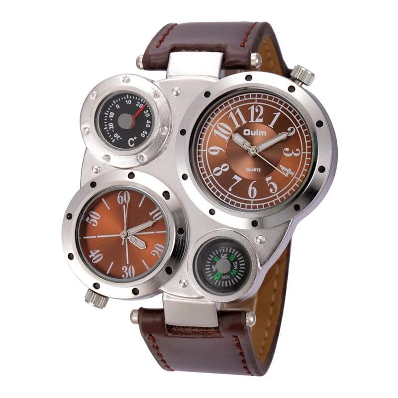 Brand Oulm Sports Style Big Face Watches Men Dual Time Zone PU Leather Quartz Watch Compass Decoration Relogio Masculino - SHOWLU FASHION STORE