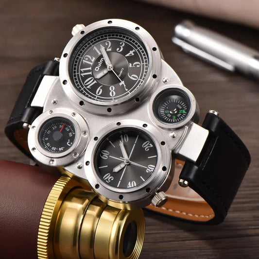 Brand Oulm Sports Style Big Face Watches Men Dual Time Zone PU Leather Quartz Watch Compass Decoration Relogio Masculino - SHOWLU FASHION STORE