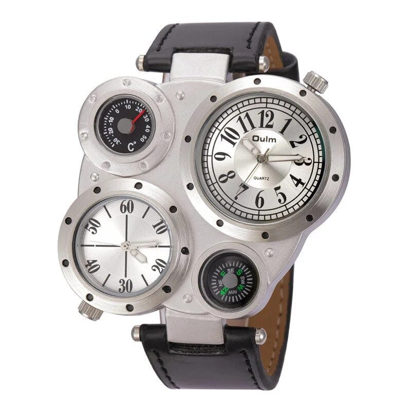 Brand Oulm Sports Style Big Face Watches Men Dual Time Zone PU Leather Quartz Watch Compass Decoration Relogio Masculino - SHOWLU FASHION STORE