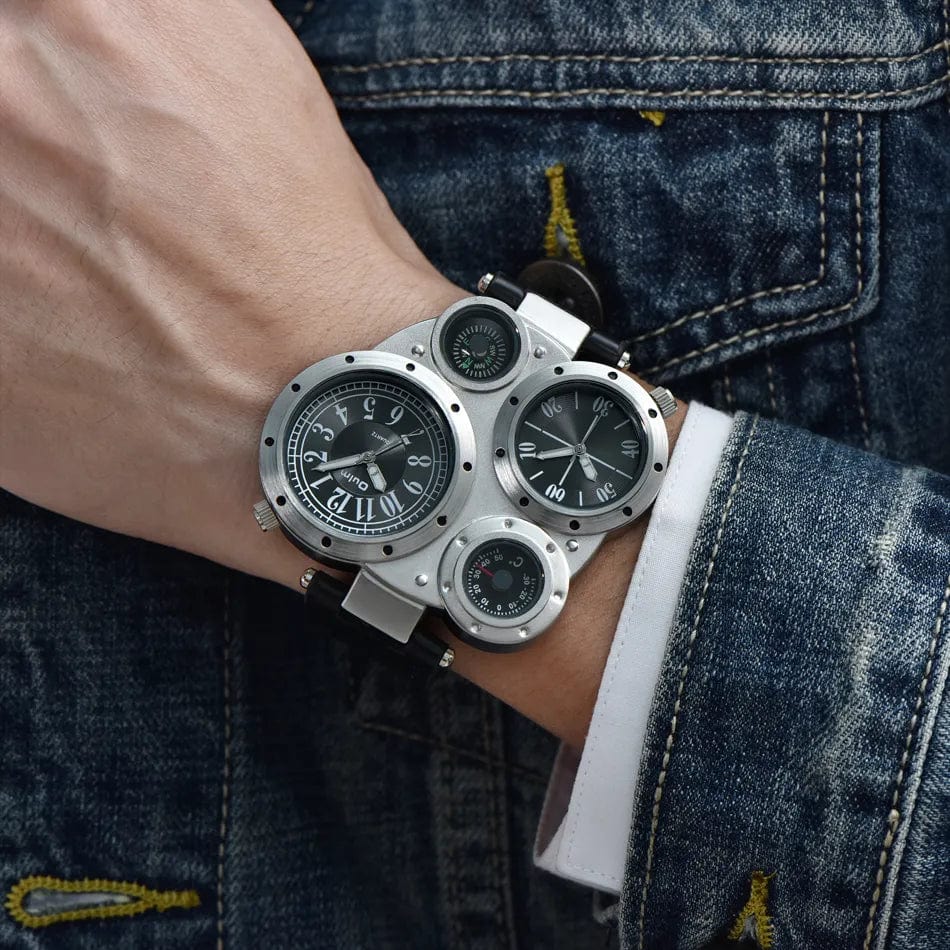 Brand Oulm Sports Style Big Face Watches Men Dual Time Zone PU Leather Quartz Watch Compass Decoration Relogio Masculino - SHOWLU FASHION STORE