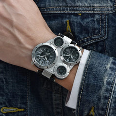 Brand Oulm Sports Style Big Face Watches Men Dual Time Zone PU Leather Quartz Watch Compass Decoration Relogio Masculino - SHOWLU FASHION STORE