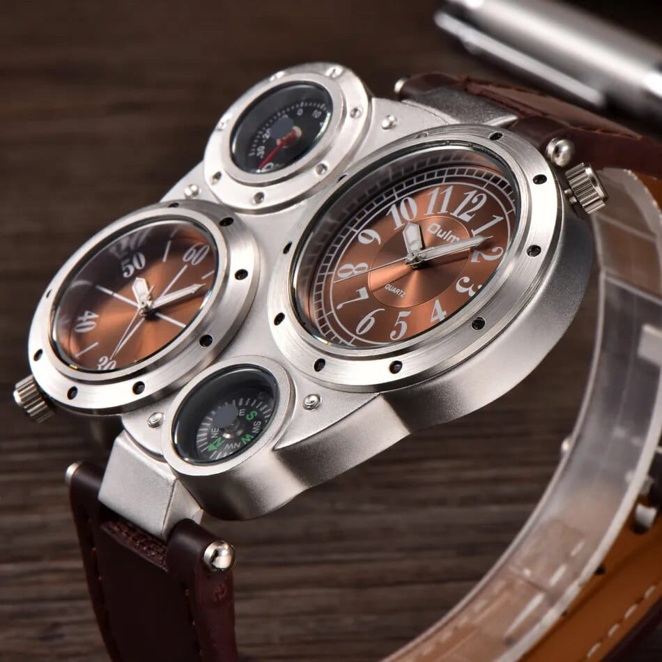 Brand Oulm Sports Style Big Face Watches Men Dual Time Zone PU Leather Quartz Watch Compass Decoration Relogio Masculino - SHOWLU FASHION STORE