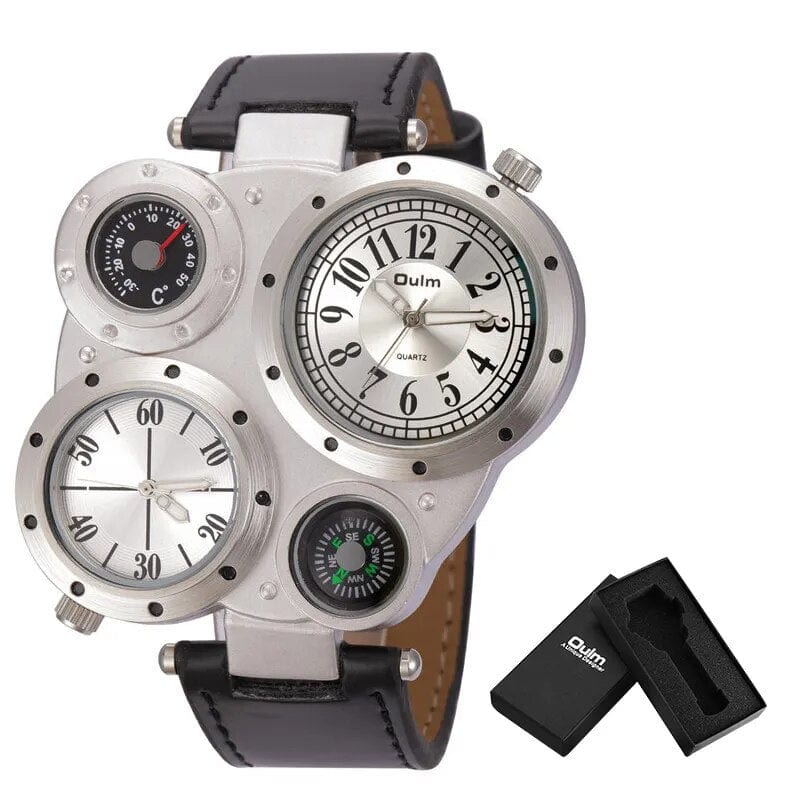 Brand Oulm Sports Style Big Face Watches Men Dual Time Zone PU Leather Quartz Watch Compass Decoration Relogio Masculino - SHOWLU FASHION STORE