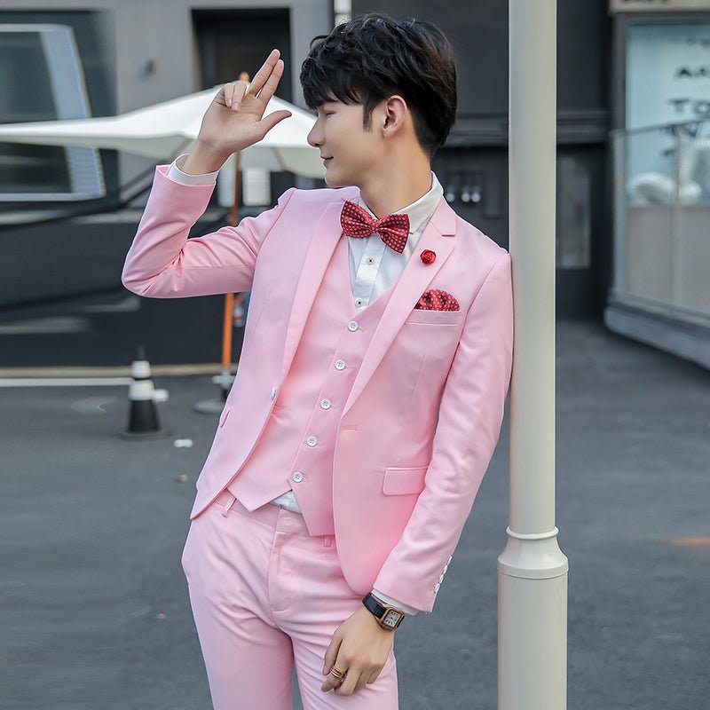 British Pink Suit Three - Piece Suit Men's Slim Fit Solid Color Casual Suit Business Groom Wedding Suit Men - SHOWLU FASHION STORE