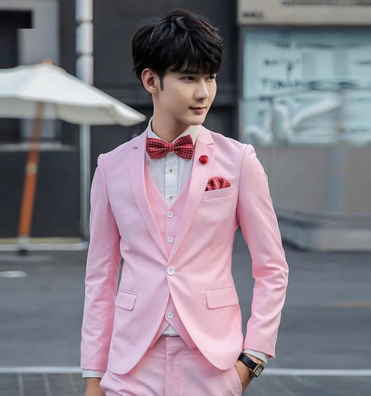 British Pink Suit Three - Piece Suit Men's Slim Fit Solid Color Casual Suit Business Groom Wedding Suit Men - SHOWLU FASHION STORE