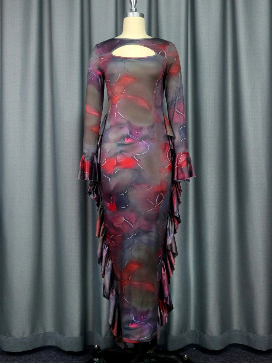 Brown Printed Sheath Dresses O Neck Cut Out Long Sleeves Ruffles Package Hip Sexy Bodycon Evening Party Nightclubs Vestidos - SHOWLU FASHION STORE