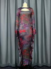 Brown Printed Sheath Dresses O Neck Cut Out Long Sleeves Ruffles Package Hip Sexy Bodycon Evening Party Nightclubs Vestidos - SHOWLU FASHION STORE