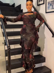 Brown Printed Sheath Dresses O Neck Cut Out Long Sleeves Ruffles Package Hip Sexy Bodycon Evening Party Nightclubs Vestidos - SHOWLU FASHION STORE