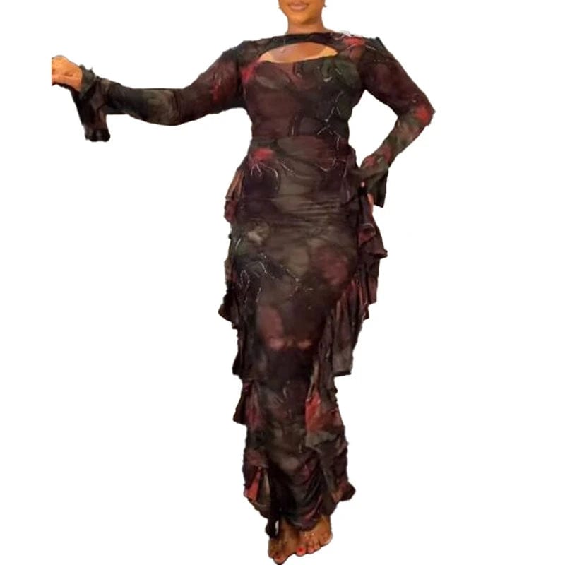 Brown Printed Sheath Dresses O Neck Cut Out Long Sleeves Ruffles Package Hip Sexy Bodycon Evening Party Nightclubs Vestidos - SHOWLU FASHION STORE