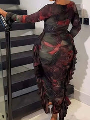 Brown Printed Sheath Dresses O Neck Cut Out Long Sleeves Ruffles Package Hip Sexy Bodycon Evening Party Nightclubs Vestidos - SHOWLU FASHION STORE