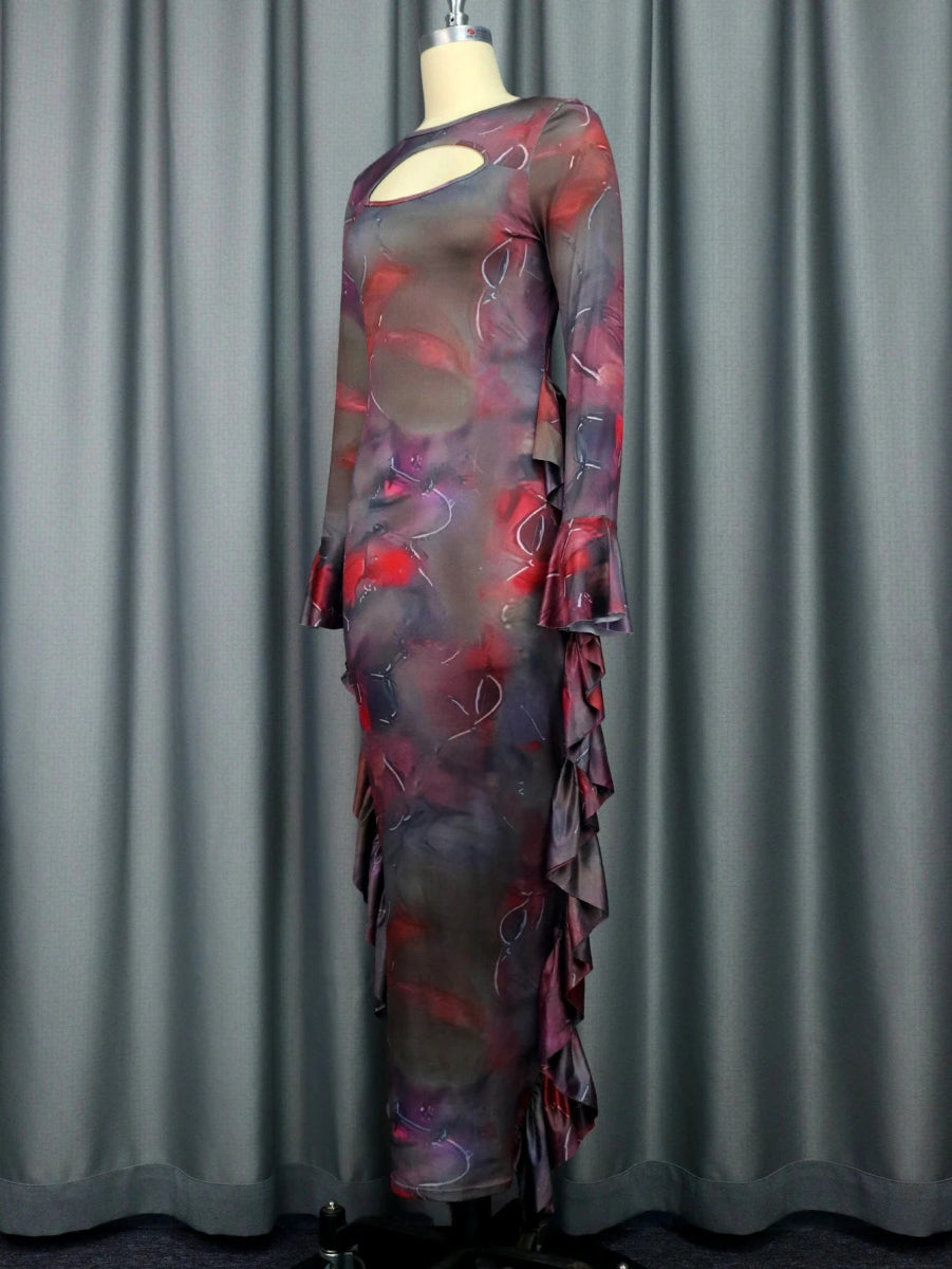 Brown Printed Sheath Dresses O Neck Cut Out Long Sleeves Ruffles Package Hip Sexy Bodycon Evening Party Nightclubs Vestidos - SHOWLU FASHION STORE