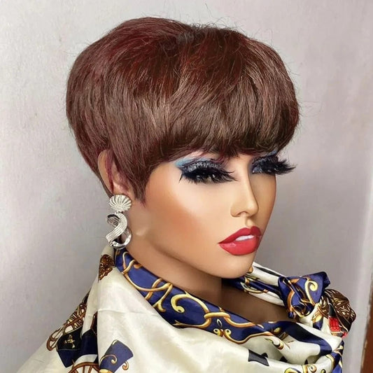 Brown Short Pixie Cut Wig Human Hair For Black Women Machine Made Wigs With Bangs Colored Brazilian Wig Human Hair Wigs - SHOWLU FASHION STORE