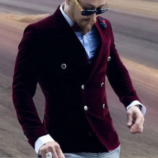 Burgundy Velvet Smoking Jacket for Men Slim Fit Double Breasted Casual Suit Blazer 1 Pcs Groom's Fashion Coat 2024 - SHOWLU FASHION STORE