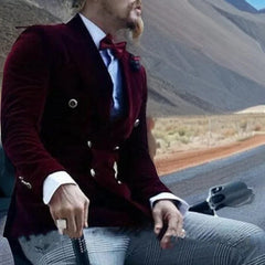 Burgundy Velvet Smoking Jacket for Men Slim Fit Double Breasted Casual Suit Blazer 1 Pcs Groom's Fashion Coat 2024 - SHOWLU FASHION STORE