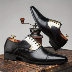 [Golden Stitching, Business Casual Shoes] Black Pointed Toe Business Casual Dress Shoes - Faux Upper, Rubber Sole, Lace-Up Closure - Sizes 39-48, for Office, Parties, Daily Wear SHOWLU FASHION STORE