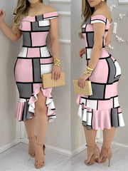 Floral Print Off Shoulder Ruffles Hem Bodycon Dress Sexy Slit Slim Fit Midi Dress
