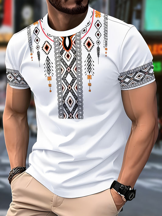 [Vibrant Tribal T-Shirt] Lightweight Polyester Men's T-Shirt | Novelty Geometric Print Crew Neck Tee with Vibrant Tribal Pattern, Machine Washable, Breathable for Casual Attire