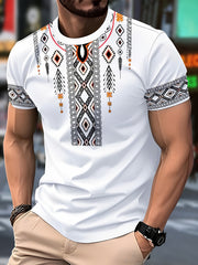 [Vibrant Tribal T-Shirt] Lightweight Polyester Men's T-Shirt | Novelty Geometric Print Crew Neck Tee with Vibrant Tribal Pattern, Machine Washable, Breathable for Casual Attire