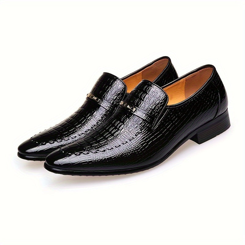 [Crocodile Oxford Loafers] Crocodile-Embossed Men's Black Oxford Loafers - Slip-On Dress Shoes with Golden-Tone Metallic Emblem - Comfortable Rubber Sole for Casual Business Formal Occasions SHOWLU FASHION STORE