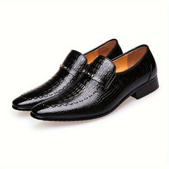 [Crocodile Oxford Loafers] Crocodile-Embossed Men's Black Oxford Loafers - Slip-On Dress Shoes with Golden-Tone Metallic Emblem - Comfortable Rubber Sole for Casual Business Formal Occasions SHOWLU FASHION STORE