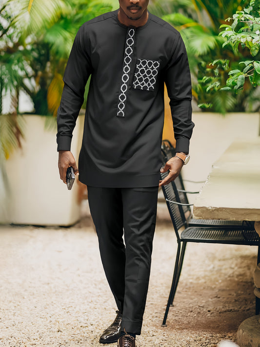 2024 Autumn New, Dashiki Men'S Set, Long Sleeve Top, Chest Embroidery, Hidden Button, Pocket, Round Neck, Split Hem, Elastic Pants, African Clothing, Men'S Casual Shirt and Trousers 2pcs Set, Four Seasons New 1 Set, Street St