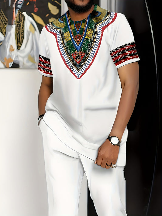 White Short - Sleeve T - Shirt And Long - Pants Set with Ethnic - Style Print - Men's Distinctive Fashion Attire