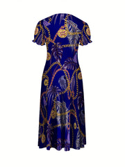 Women's Tropical Chain Print A-Line Dress - Vibrant Blue & Golden Palm Leaf Design, Round Neck Short Sleeve, Flared Hem, Medium Stretch, Hand Wash Only for Resort Wear & Casual Outings, Tropical Dress