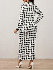 Elegant Women'S Houndstooth Long Sleeve Maxi Dress - Black & White, Knee-Length with Flowing Cape, Perfect for Spring, Formal or Casual Occasions, Formal Attire|Flowing Cape Design|Polyester Fabri