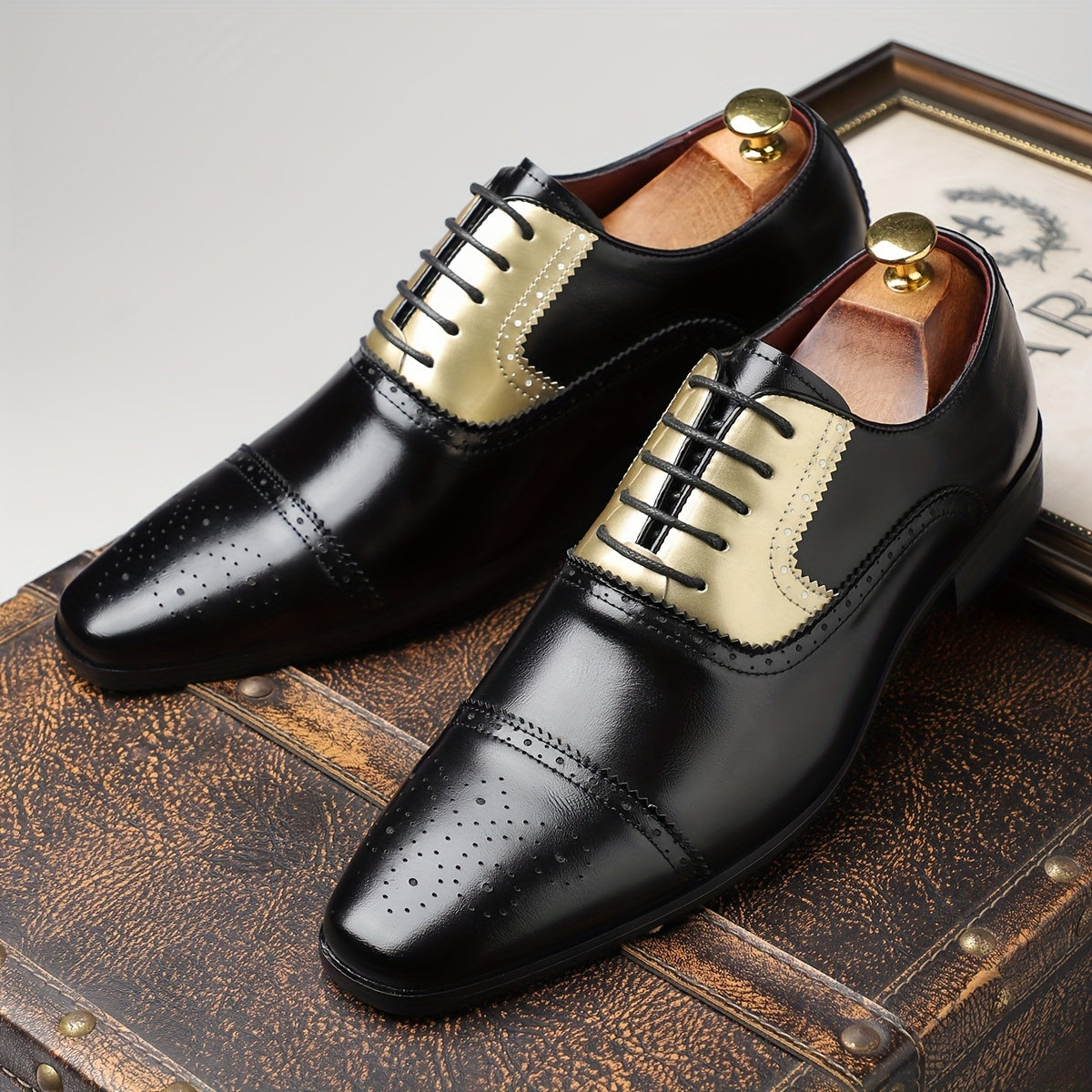[Golden Stitching, Business Casual Shoes] Black Pointed Toe Business Casual Dress Shoes - Faux Upper, Rubber Sole, Lace-Up Closure - Sizes 39-48, for Office, Parties, Daily Wear SHOWLU FASHION STORE