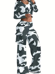 Camouflage Printed Casual Set Fashionable Sexy Short Top Casual Pants Two - piece Set Women's Sports Suit Outdoor Clothing - SHOWLU FASHION STORE