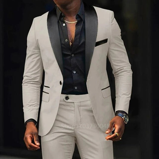Casual 2 Piece Men Wedding Suits Solid Slim Fit Shawl Lapel Blazer Pant Designs Party Prom Suits Best Man Business Wear Suit - SHOWLU FASHION STORE