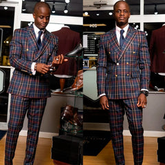 Casual Men Suits With Two Button Two Pieces Jacket Pants Grid Custom Made Bridegroom Wedding Formal Occasiom - SHOWLU FASHION STORE
