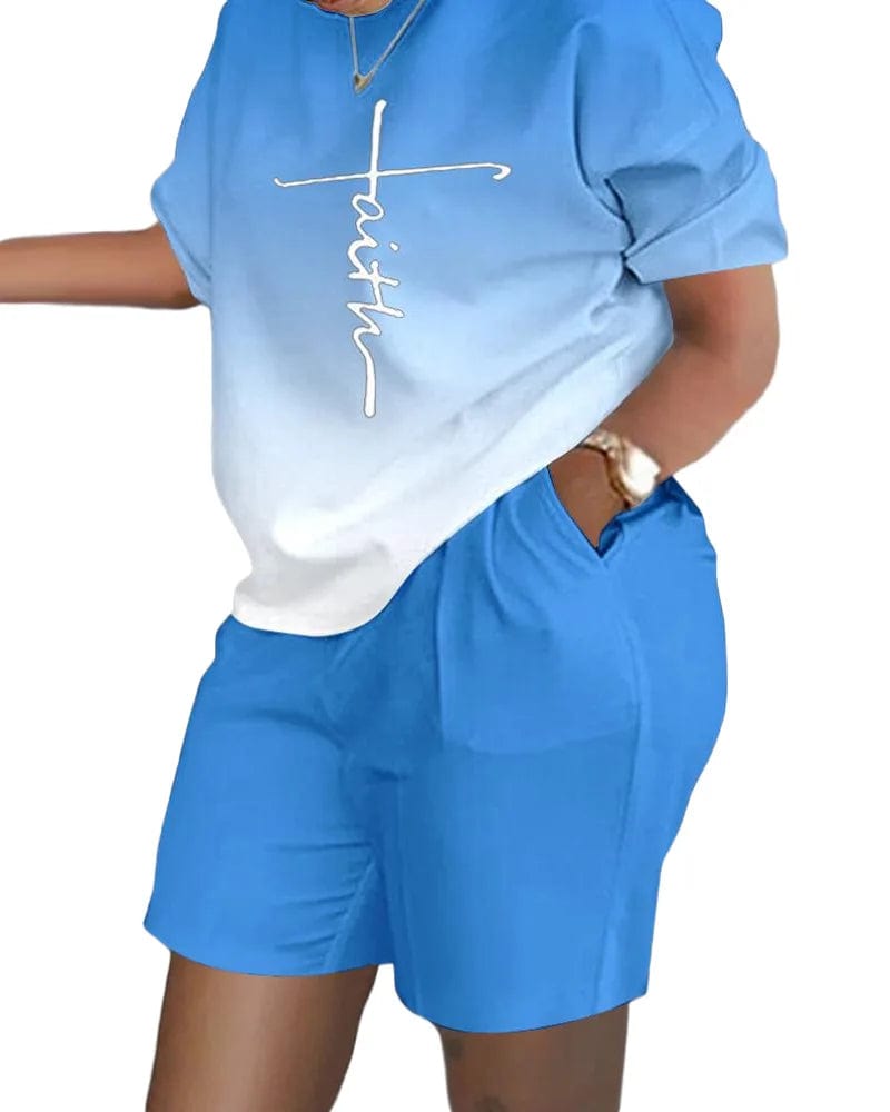 Casual Short Sleeve Tshirt Outfit Women 2023 Summer Gradient Print Pocket Short Sets Suit Female T Shirt Shorts Two Pieces Set - SHOWLU FASHION STORE