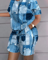 Casual Short Sleeve Tshirt Outfit Women 2023 Summer Gradient Print Pocket Short Sets Suit Female T Shirt Shorts Two Pieces Set - SHOWLU FASHION STORE