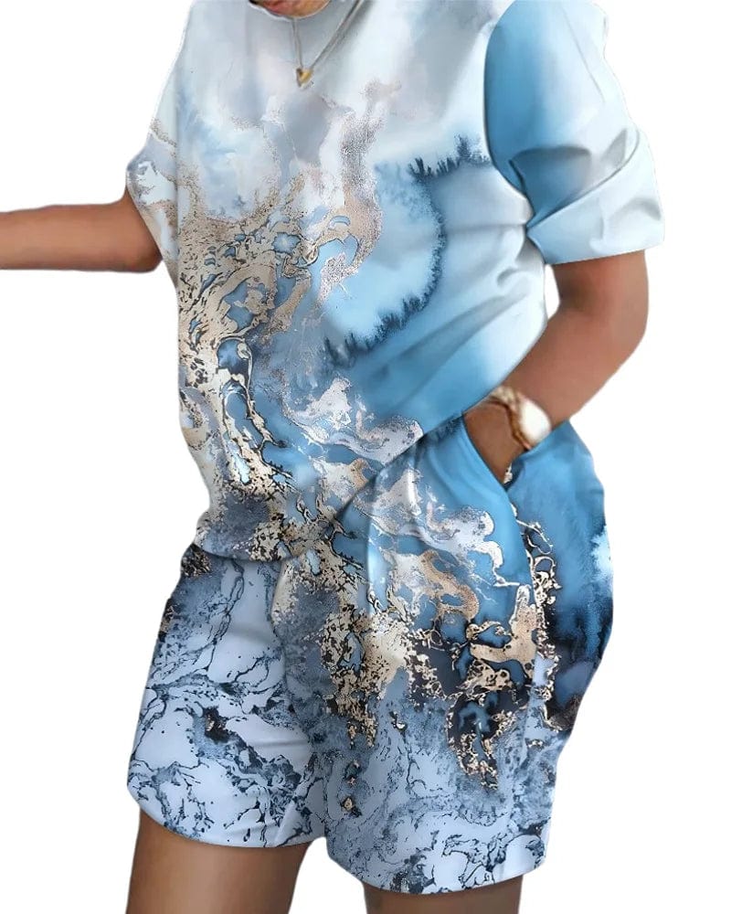 Casual Short Sleeve Tshirt Outfit Women 2023 Summer Gradient Print Pocket Short Sets Suit Female T Shirt Shorts Two Pieces Set - SHOWLU FASHION STORE