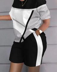 Casual Short Sleeve Tshirt Outfit Women 2023 Summer Gradient Print Pocket Short Sets Suit Female T Shirt Shorts Two Pieces Set - SHOWLU FASHION STORE