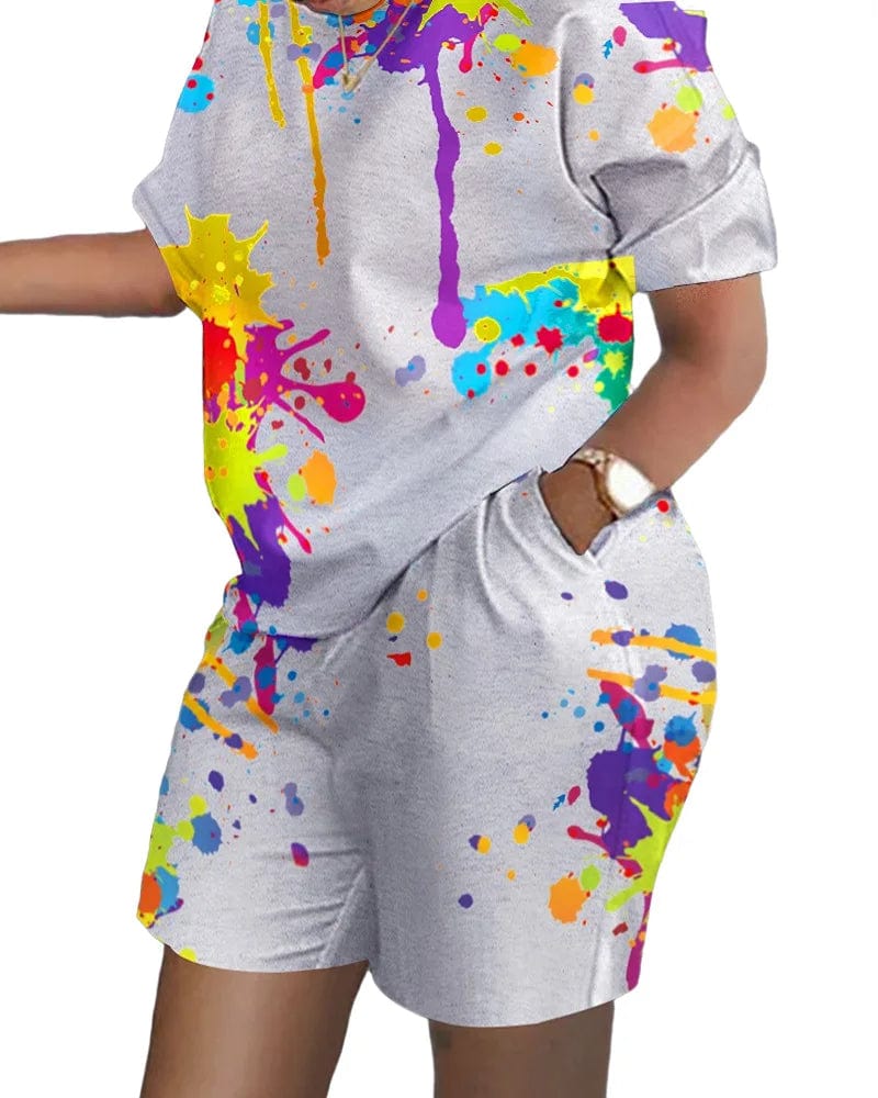 Casual Short Sleeve Tshirt Outfit Women 2023 Summer Gradient Print Pocket Short Sets Suit Female T Shirt Shorts Two Pieces Set - SHOWLU FASHION STORE